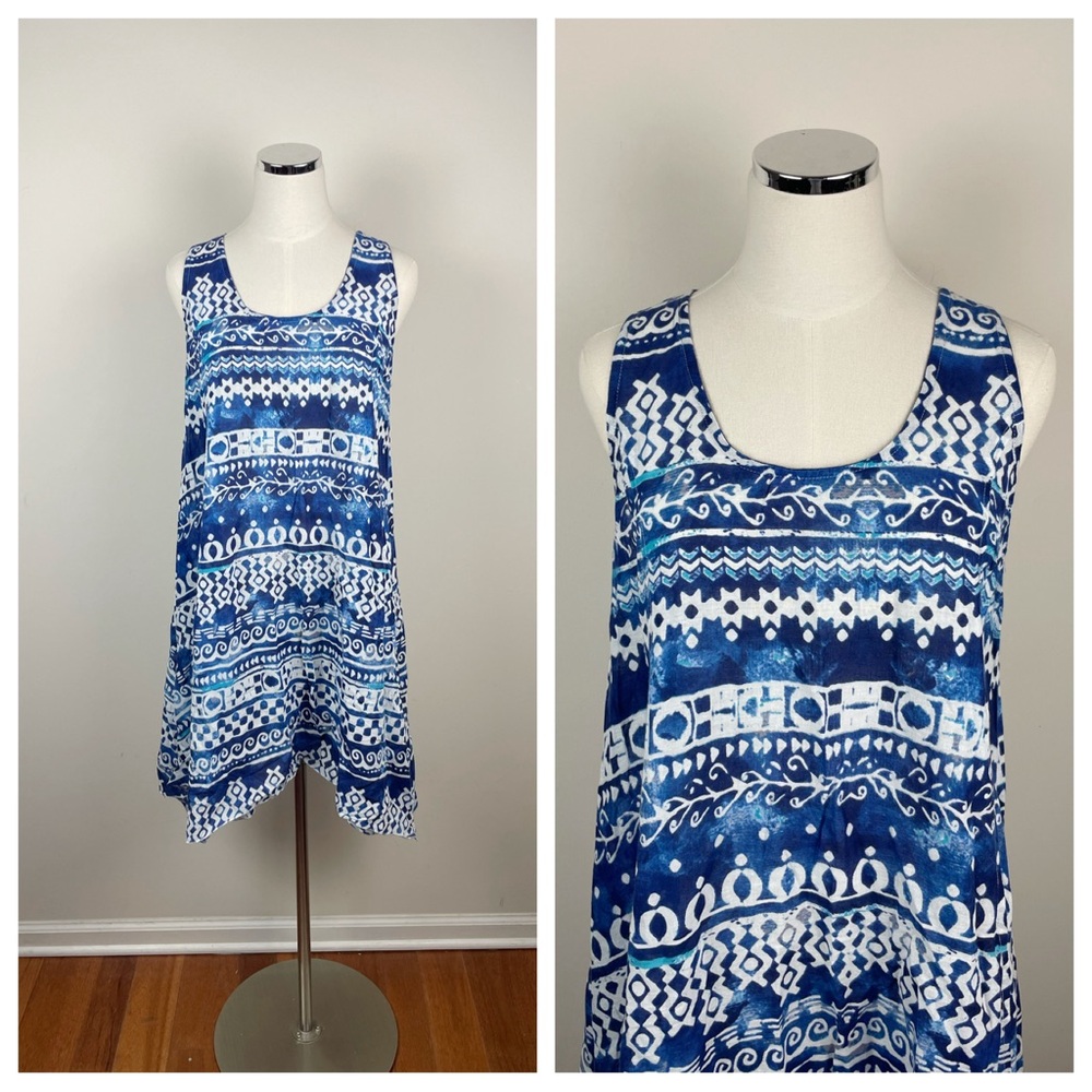 Cromer Resortwear Blue White Geometric Tropical Beach Dress Lightweight Medium